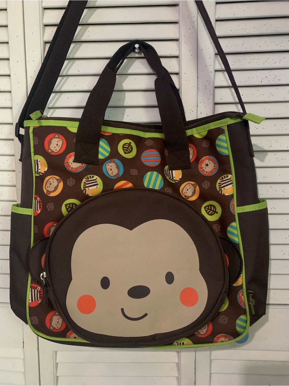 Vintage Baby Boom Monkey Face Diaper Bag Dark Brown Lime Green Trim